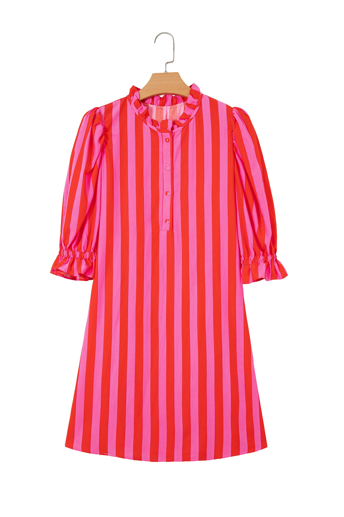 Red Stripe Half Button Puff Sleeve Loose Mini Dress-TOPS / DRESSES-[Adult]-[Female]-2022 Online Blue Zone Planet