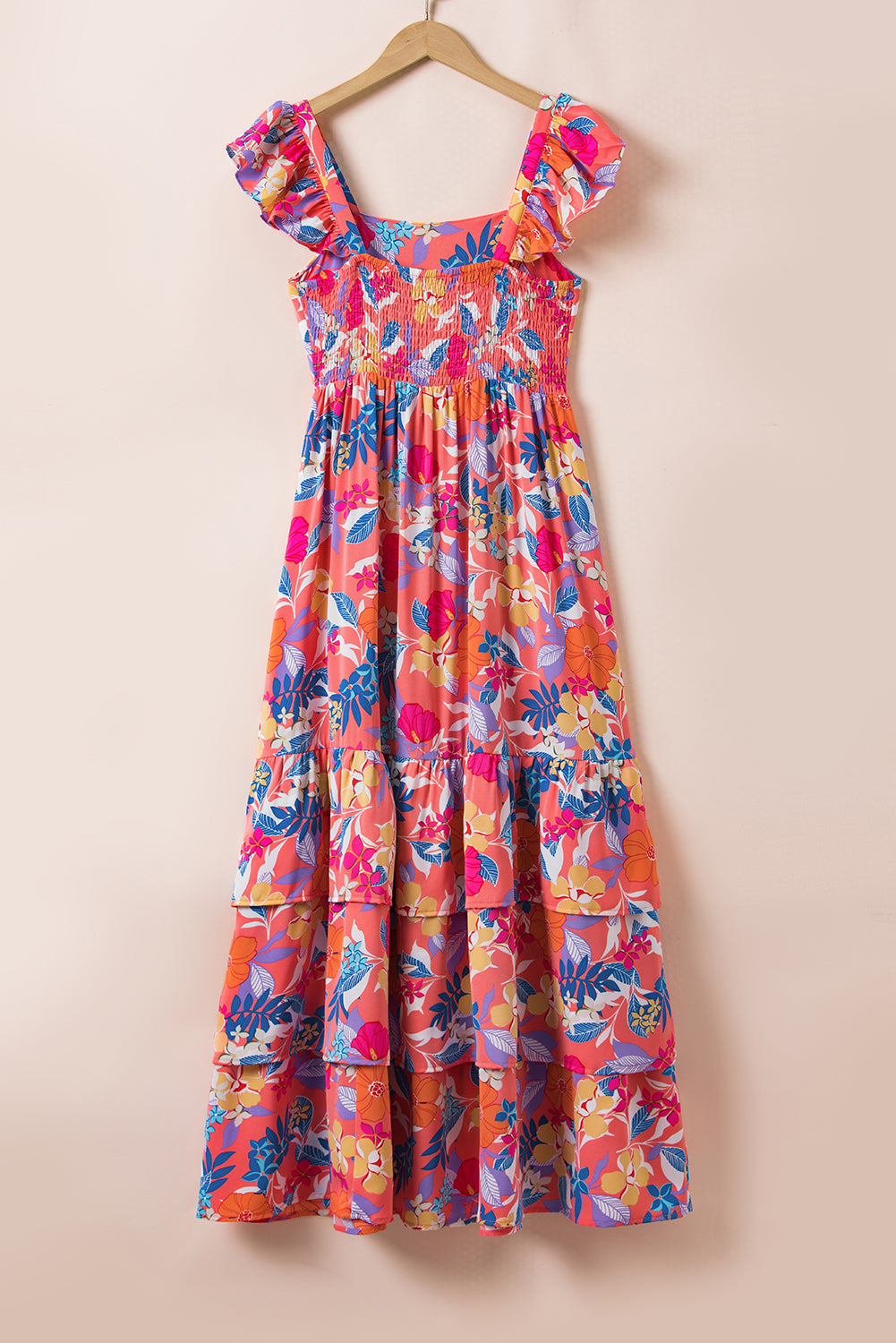 Pink Floral Print Sleeveless Ruffle Tiered Maxi Dress Blue Zone Planet