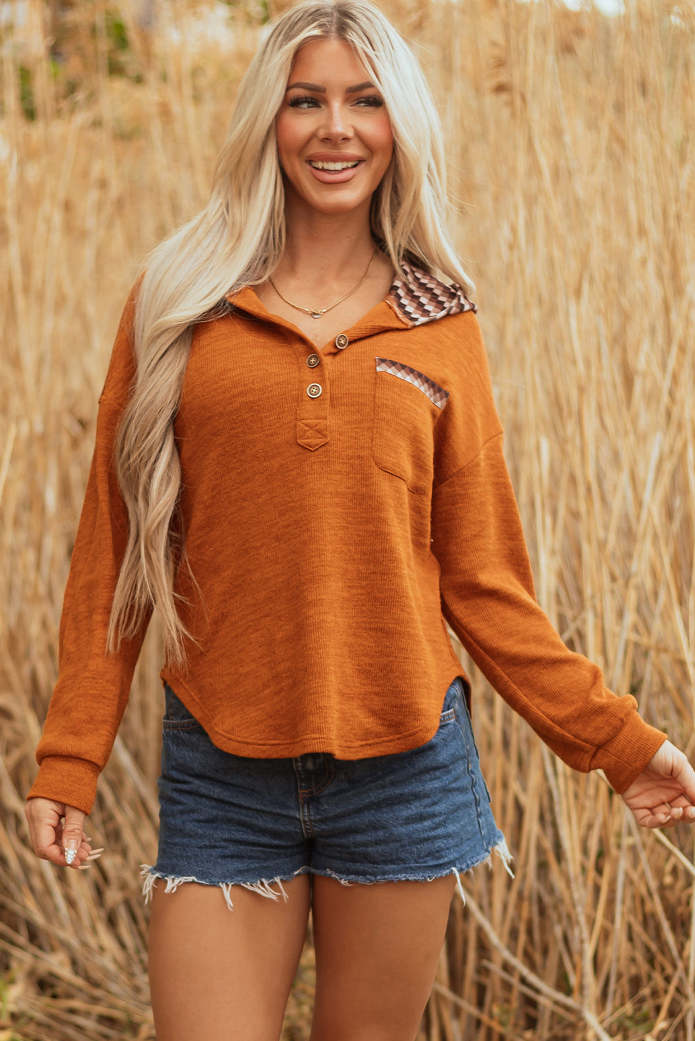 Straw Yellow Contrast Plaid Hood Patchwork Chest Pocket Henley Top-Tops / Dresses-[Adult]-[Female]-2022 Online Blue Zone Planet