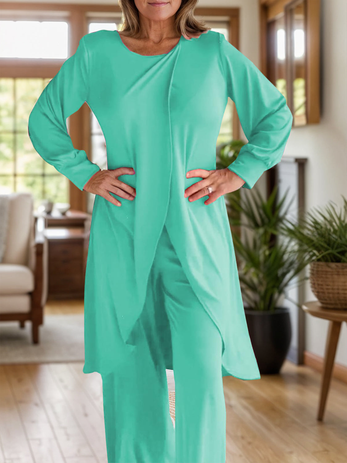 Blue Zone Planet | Full Size Slit Round Neck Long Sleeve Top and Pants Set-TOPS / DRESSES-[Adult]-[Female]-Turquoise-S-2022 Online Blue Zone Planet