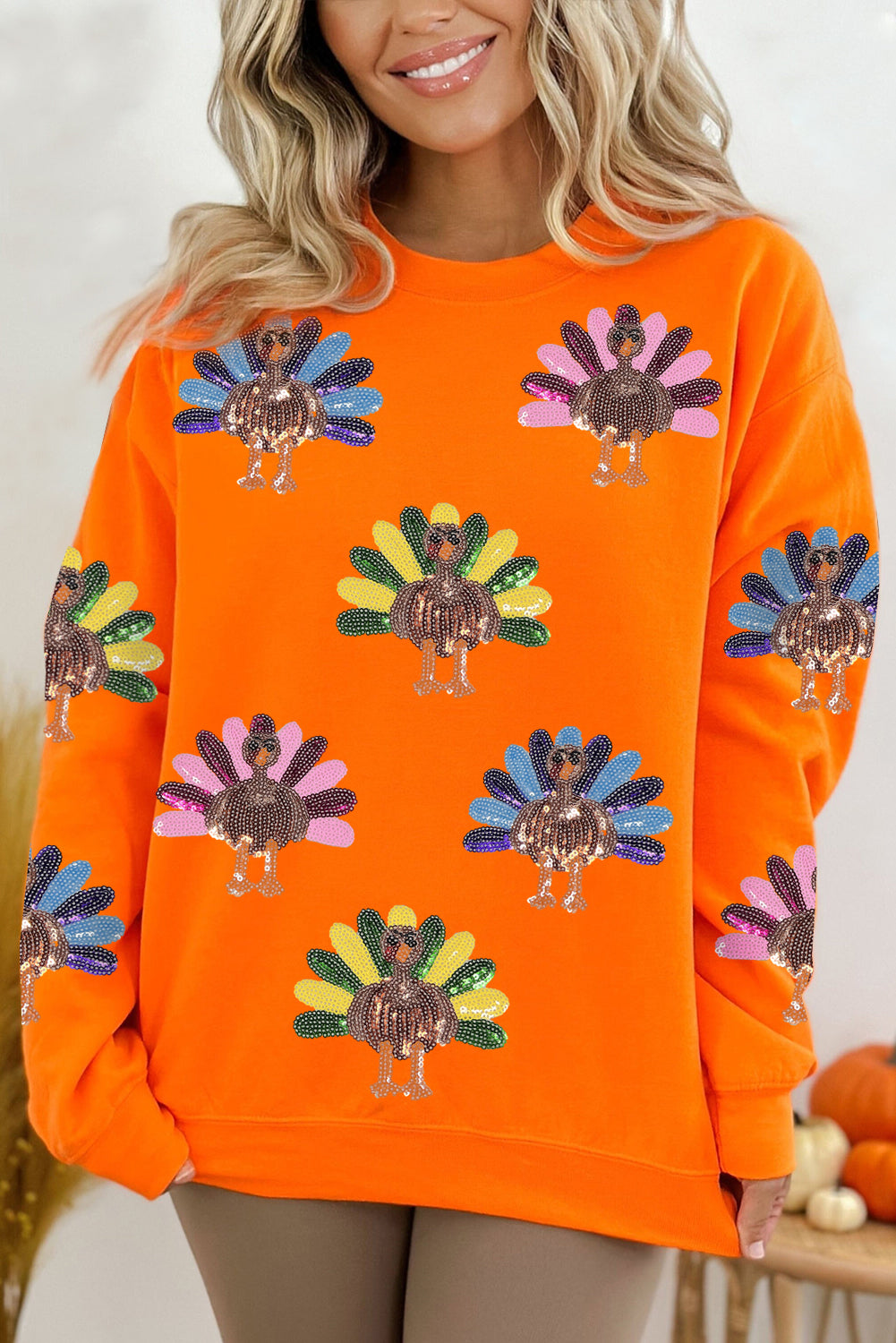 Orange Colorful Turkey Thanksgiving Graphic Sweatshirt-Graphic/Graphic Sweatshirts-[Adult]-[Female]-Orange-S-2022 Online Blue Zone Planet