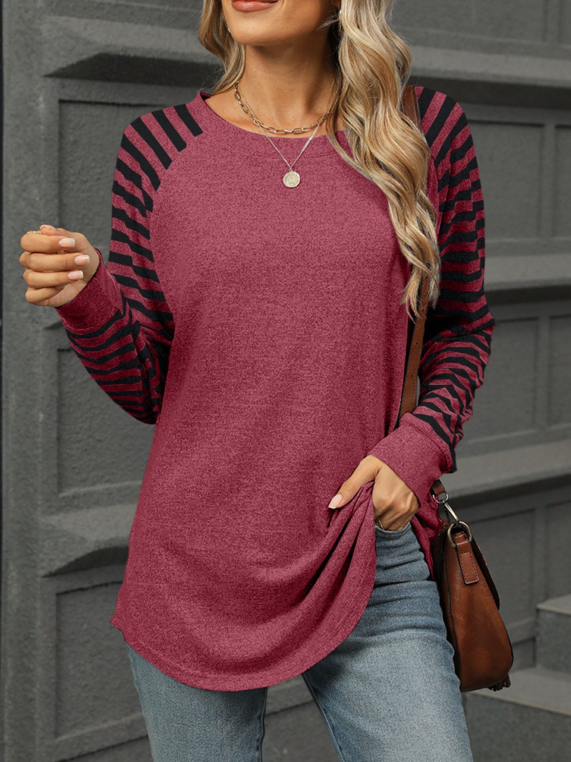 Blue Zone Planet | Striped Round Neck Long Sleeve T-Shirt-TOPS / DRESSES-[Adult]-[Female]-Burgundy-S-2022 Online Blue Zone Planet