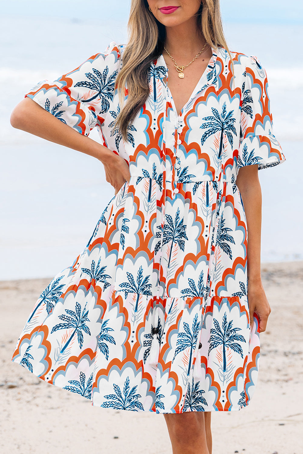 Orange Contrast Palm Tree Printed Short Sleeve Flowy Dress-TOPS / DRESSES-[Adult]-[Female]-2022 Online Blue Zone Planet