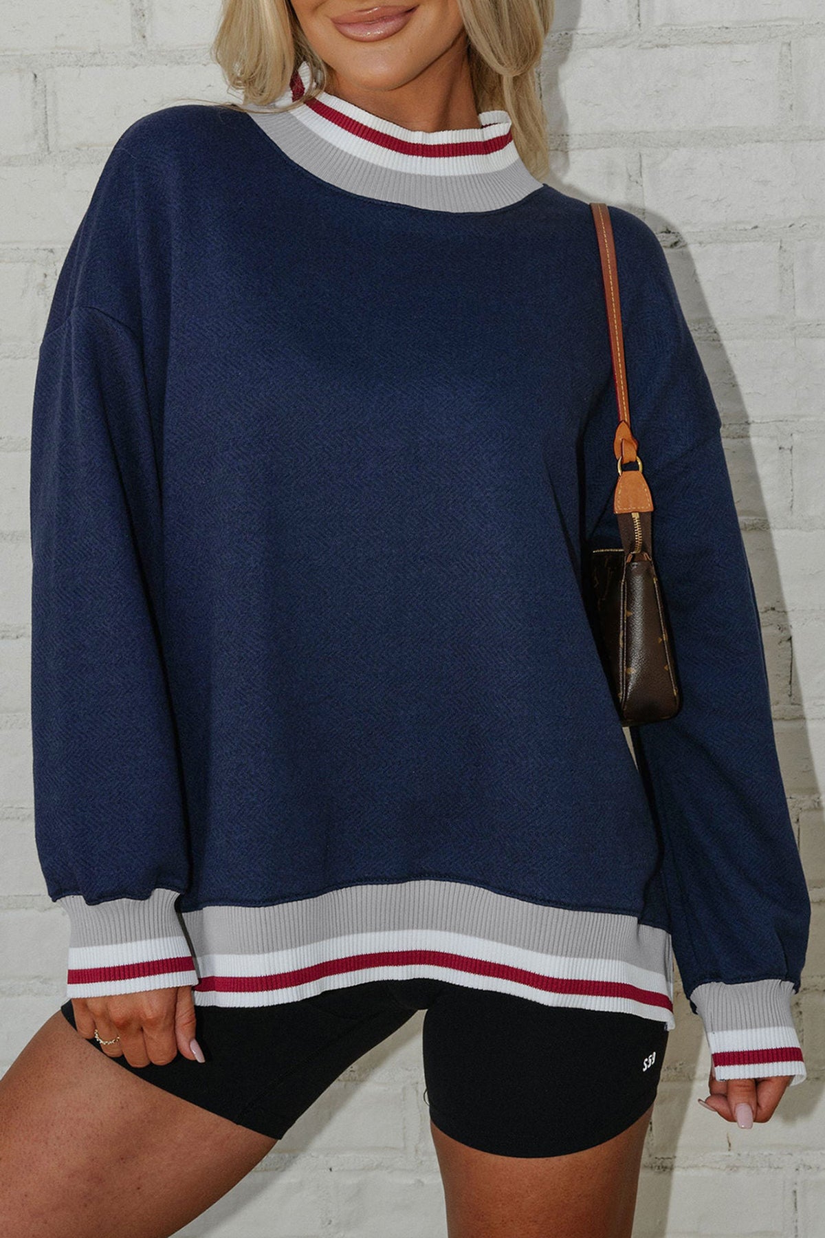 Gray Ribbed Stand Neck Long Sleeve Loose Fit Sweatshirt