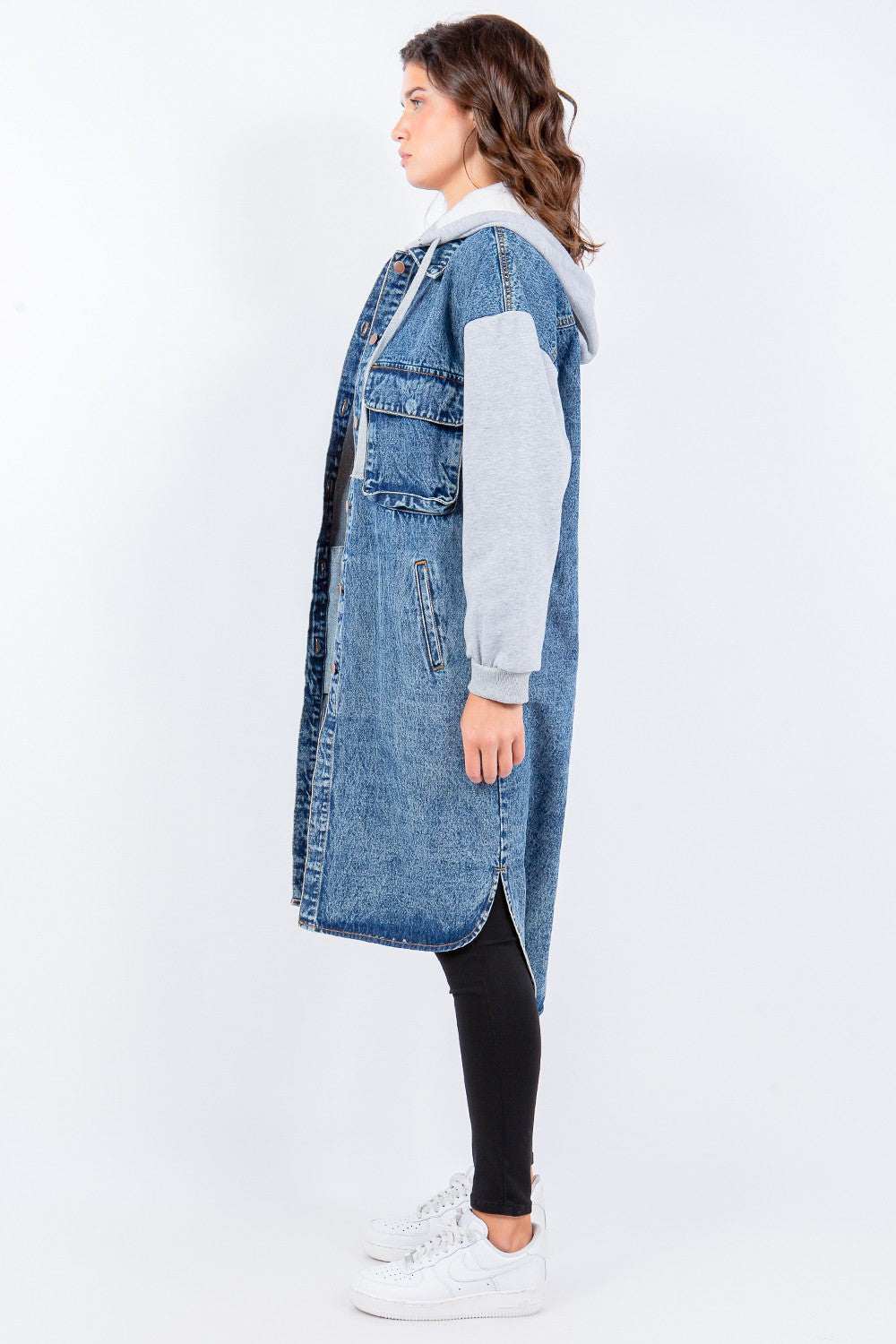 American Bazi Contrast Longline Hooded Denim Jacket-TOPS / DRESSES-[Adult]-[Female]-2022 Online Blue Zone Planet