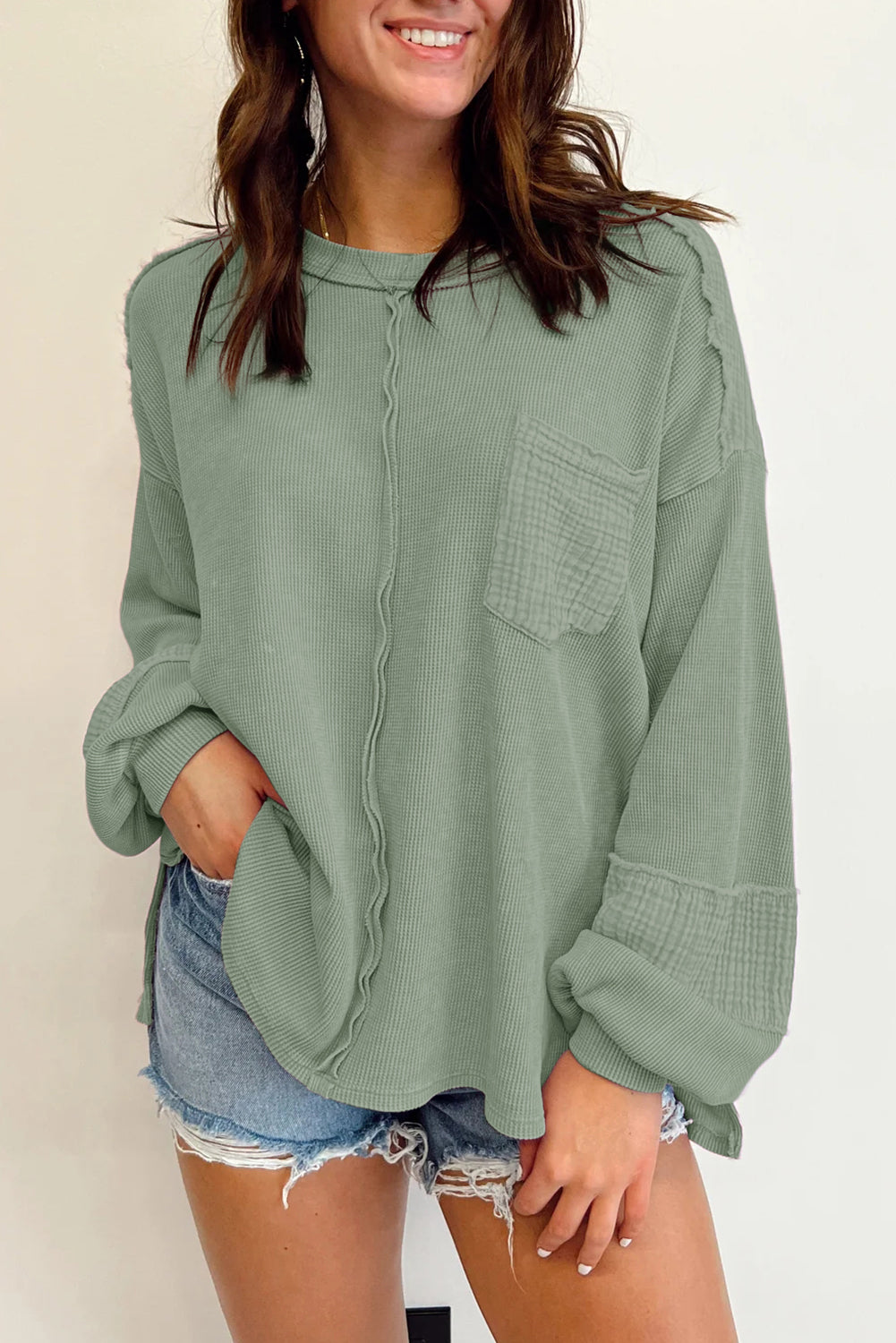 Waffle-Knit Exposed Seam Lantern Sleeve Blouse BLUE ZONE PLANET