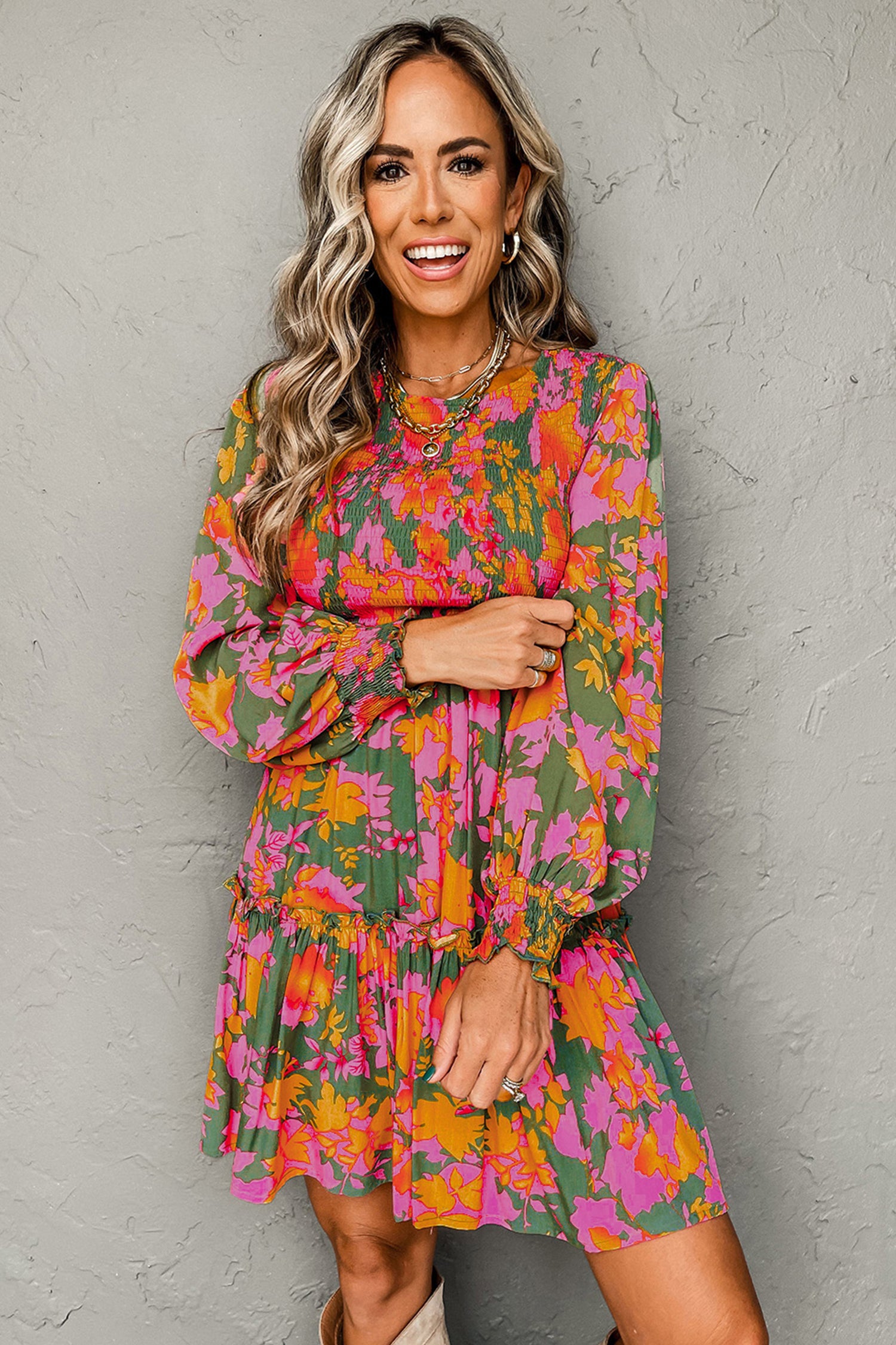 Multicolour Floral Print Long Sleeve Smocked Ruffled Mini Dress-TOPS / DRESSES-[Adult]-[Female]-2022 Online Blue Zone Planet