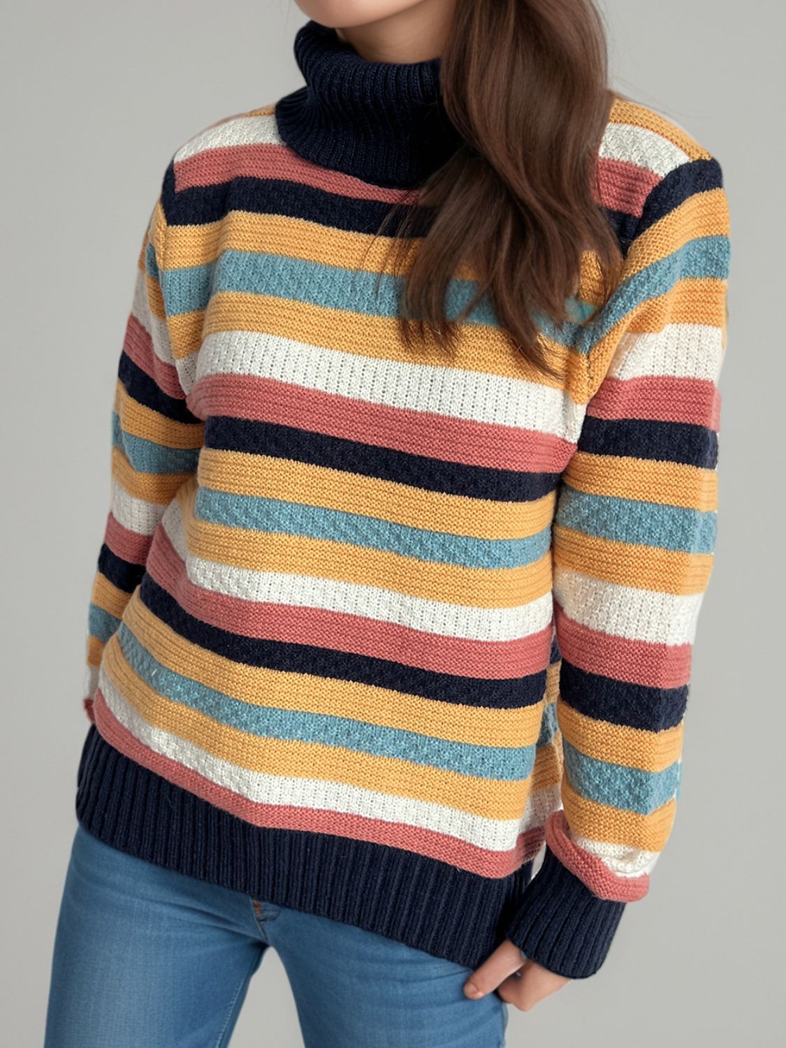 Blue Zone Planet | Contrast Stripes Turtleneck Long Sleeve Sweater-TOPS / DRESSES-[Adult]-[Female]-2022 Online Blue Zone Planet