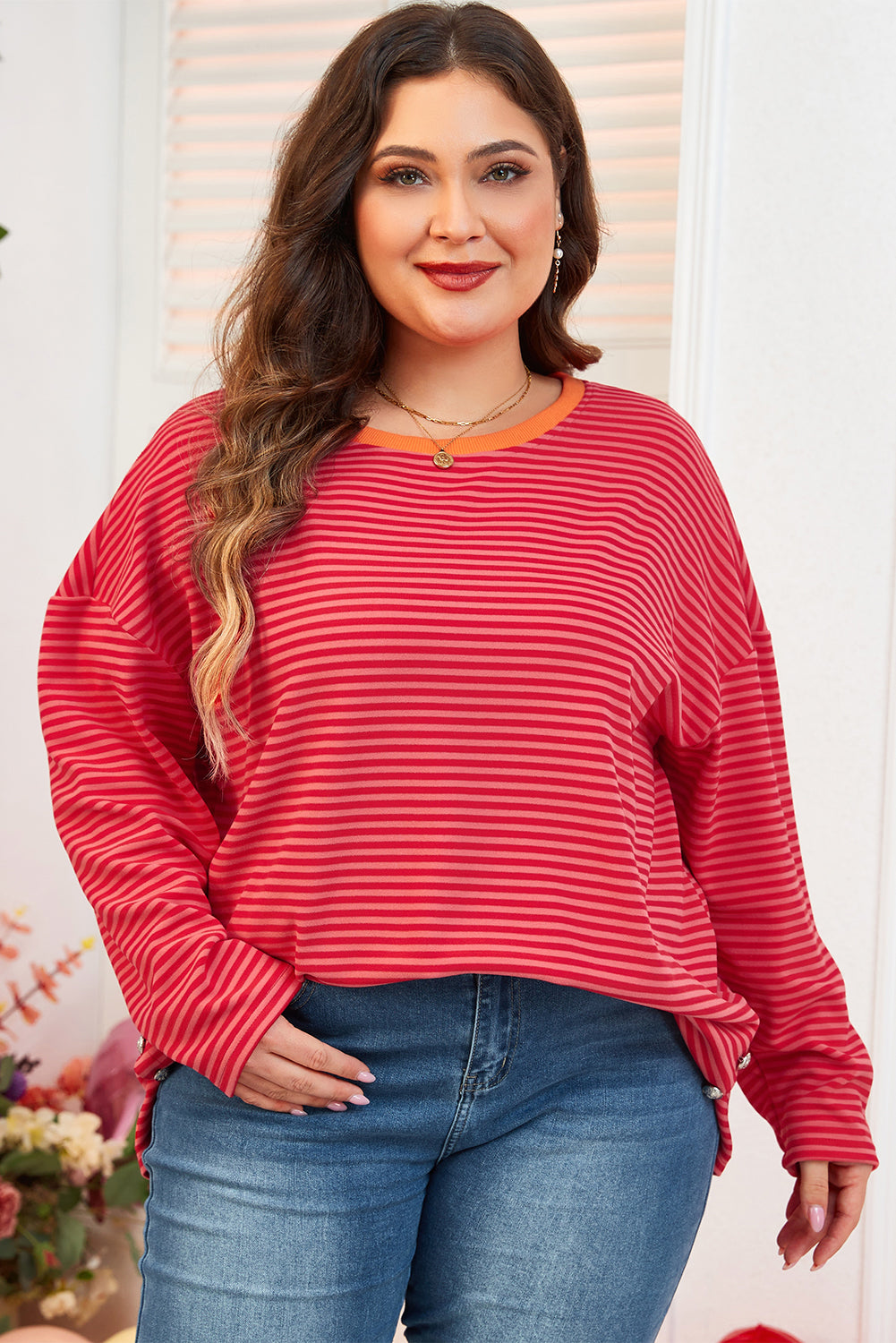 Orange Stripe Plus Size Drop Shoulder Long Sleeve Top-Plus Size Tops-[Adult]-[Female]-2022 Online Blue Zone Planet