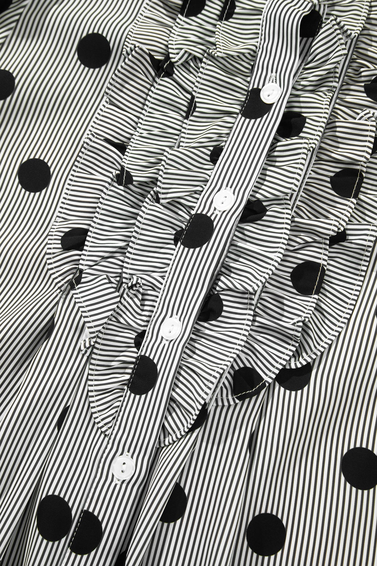 Black white Polka Dot Striped Print Ruffle Stand Neck 3/4 Sleeve Shift Shirt-Tops/Blouses & Shirts-[Adult]-[Female]-2022 Online Blue Zone Planet