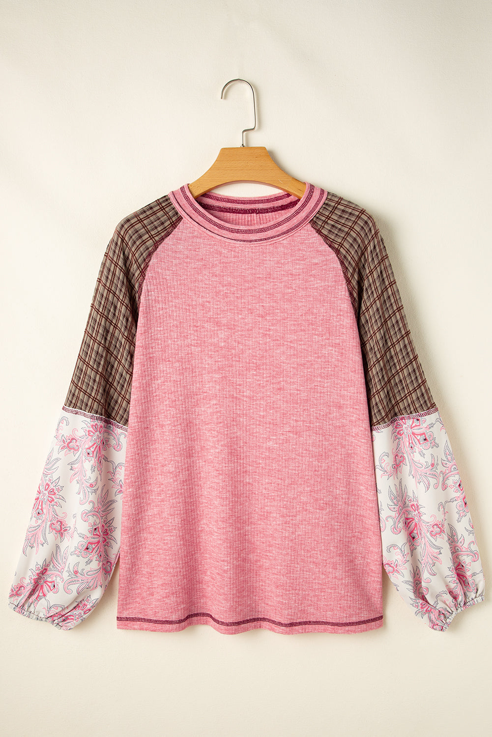 Blue Zone Planet | Fushia Floral Plaid Mixed Print Patchwork Raglan Ribbed Top-Long Sleeve Tops-[Adult]-[Female]-2022 Online Blue Zone Planet