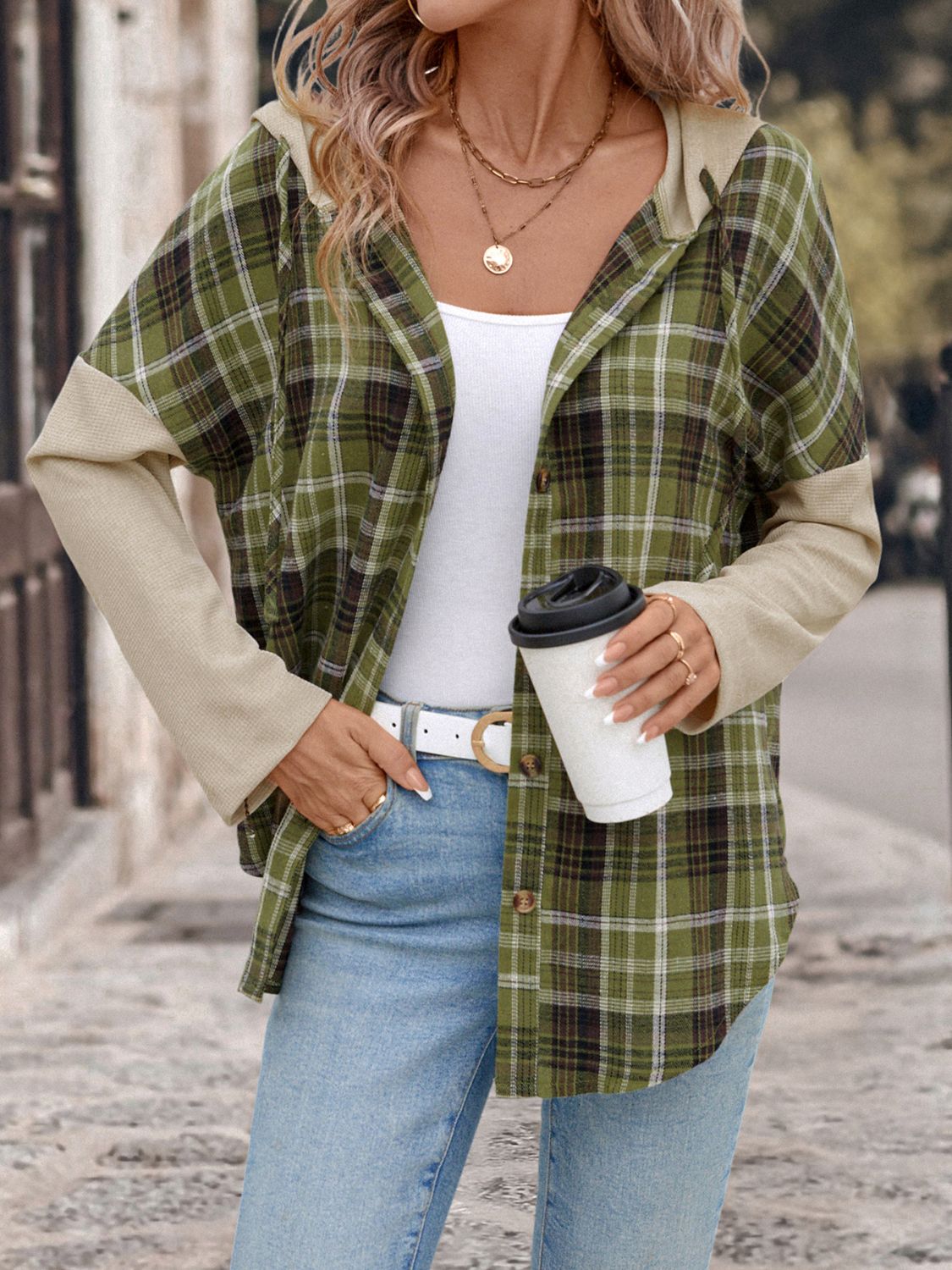 Perfee Drawstring Plaid Long Sleeve Hooded Shirt-[Adult]-[Female]-2022 Online Blue Zone Planet