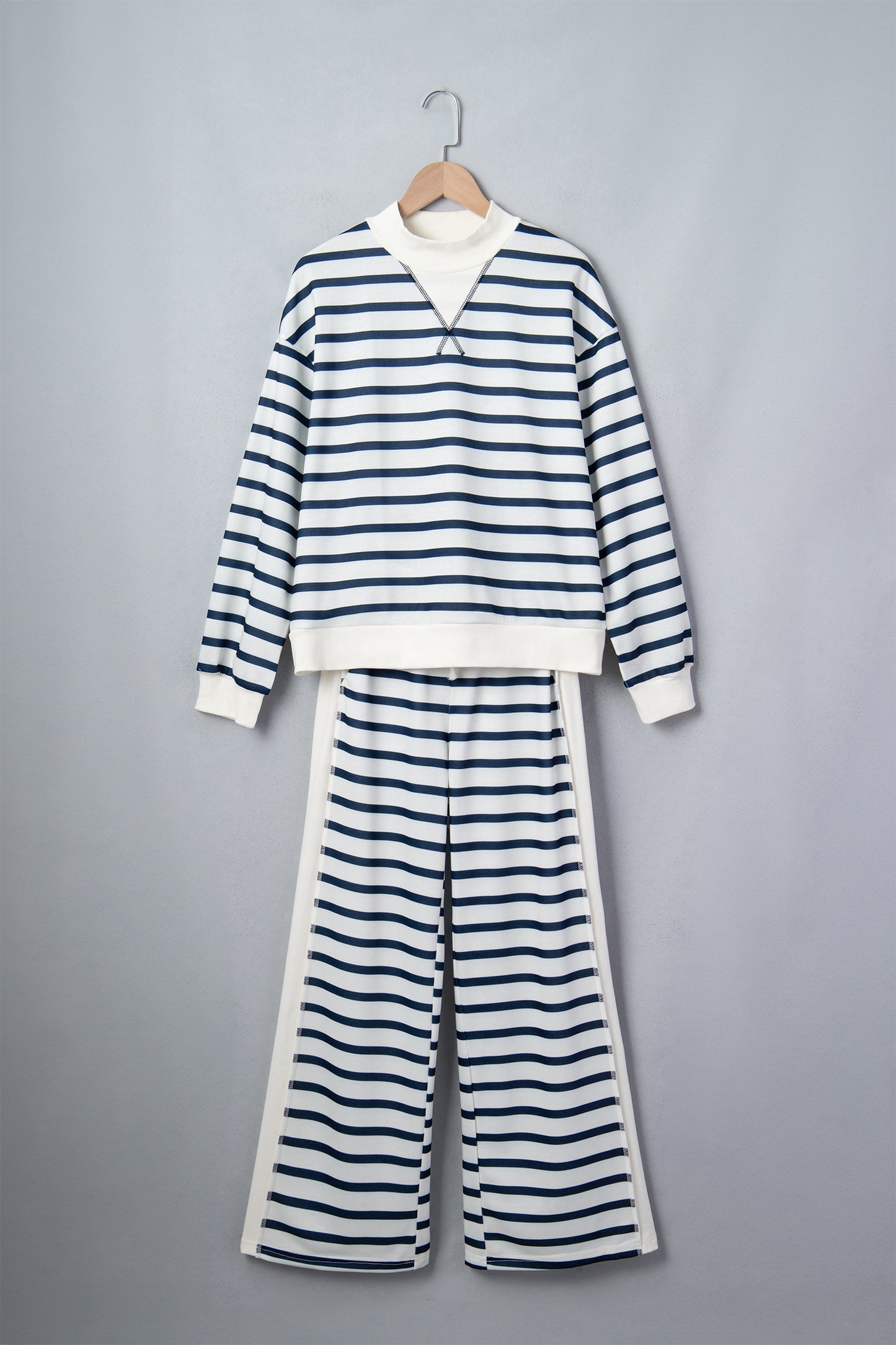 Blue Stripe Striped Ribbed Cuff Collar Pocket Loose Pant Set-Two Piece Sets/Pant Sets-[Adult]-[Female]-2022 Online Blue Zone Planet