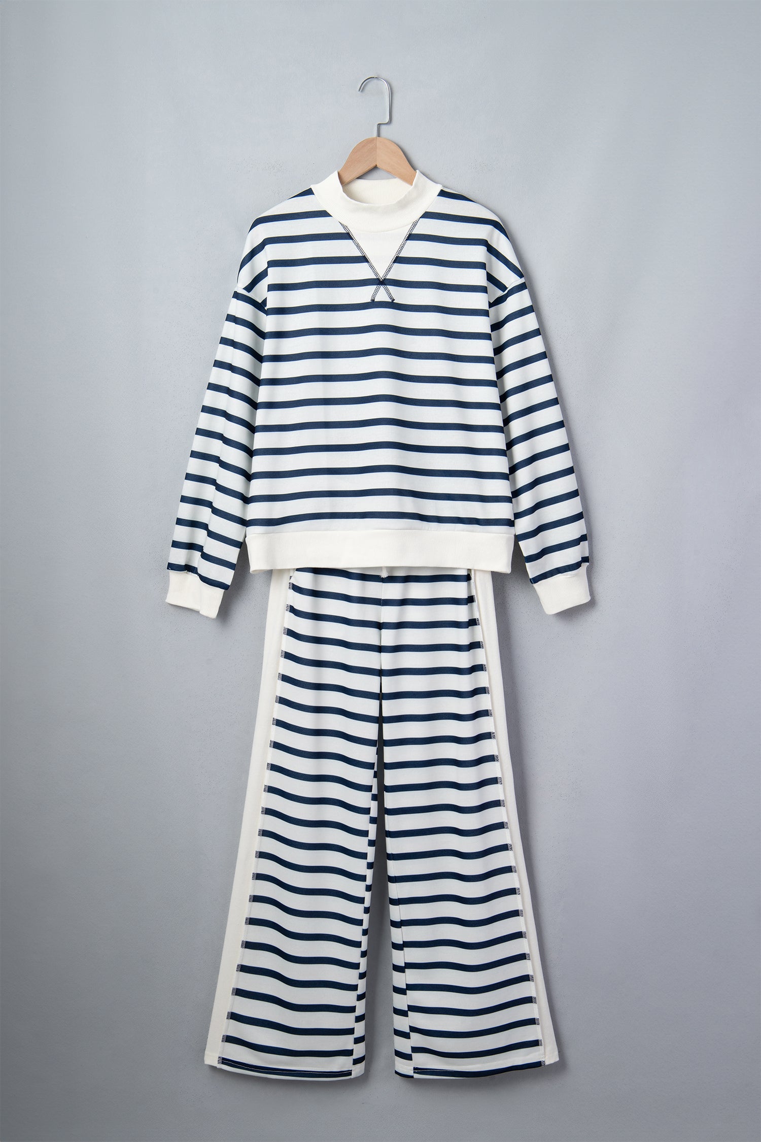 Blue Stripe Striped Ribbed Cuff Collar Pocket Loose Pant Set-Two Piece Sets/Pant Sets-[Adult]-[Female]-2022 Online Blue Zone Planet