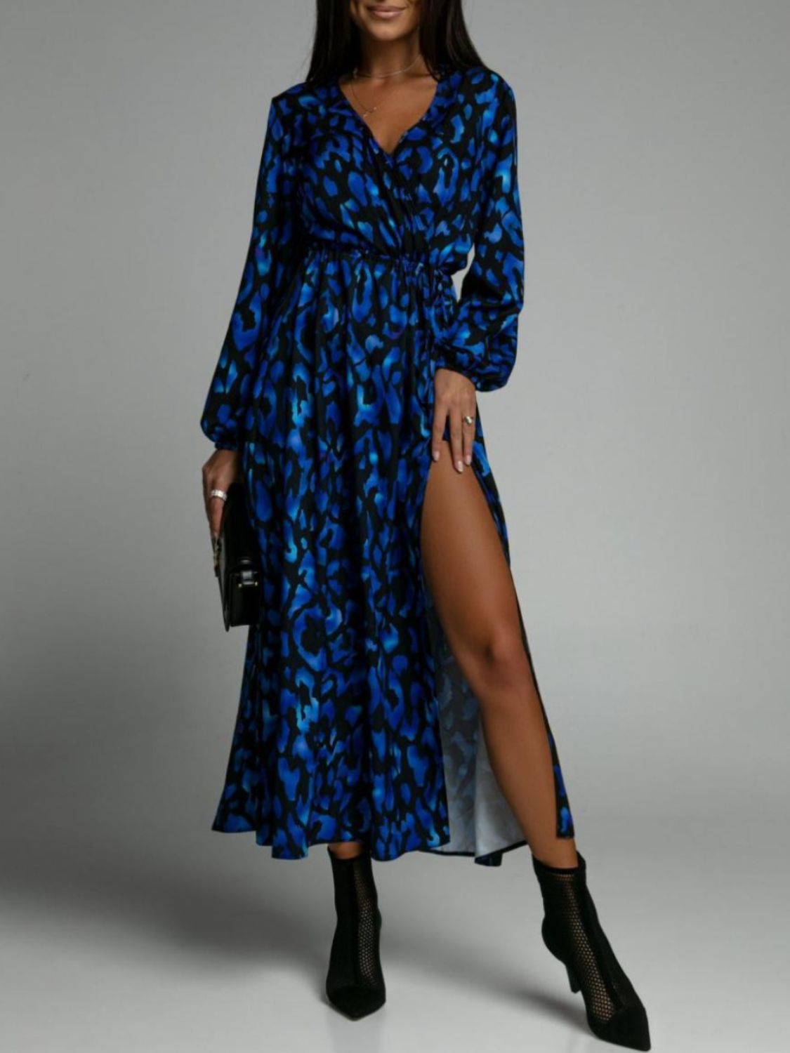 Blue Zone Planet | Slit Printed Surplice Long Sleeve Dress-TOPS / DRESSES-[Adult]-[Female]-Navy-S-2022 Online Blue Zone Planet