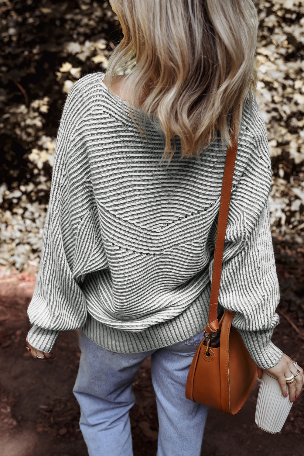 Medium Grey Striped Print Ribbed Knit Boat Neck Baggy Sweater-Sweaters & Cardigans/Sweaters-[Adult]-[Female]-2022 Online Blue Zone Planet