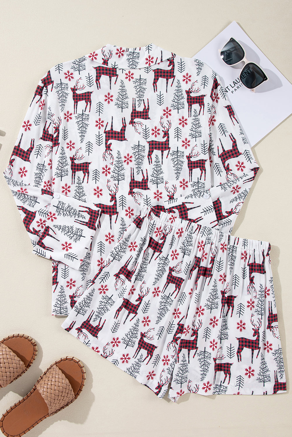 White Christmas Deer Printed Shirt and Shorts Lounge Set-Loungewear & Sleepwear/Sleepwear-[Adult]-[Female]-2022 Online Blue Zone Planet