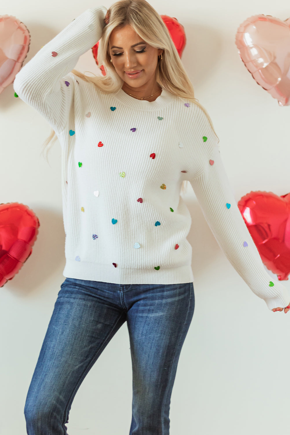 Blue Zone Planet | Beige Sequin Heart Shape Waffle Knit Round Neck Sweater-Sweaters & Cardigans/Sweaters-[Adult]-[Female]-2022 Online Blue Zone Planet