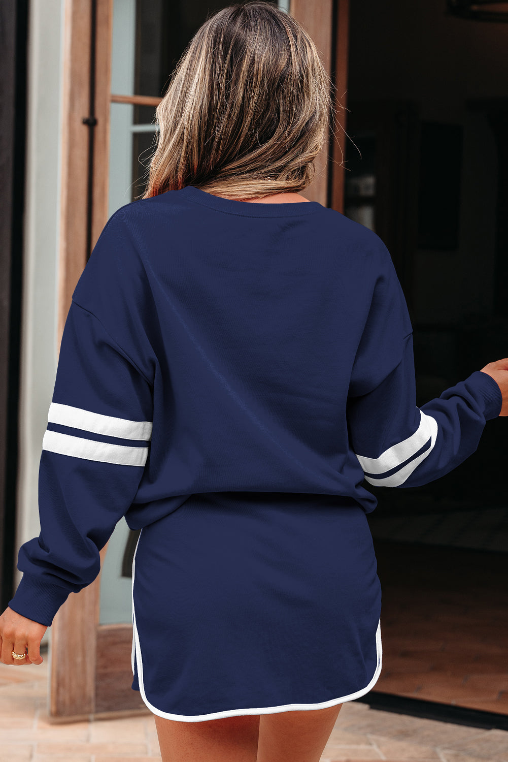 Navy Blue Varsity Stripe Detail Drop Shoulder Pullover Mini Skirt Set-Two Piece Sets/Two Piece Dresses-[Adult]-[Female]-2022 Online Blue Zone Planet