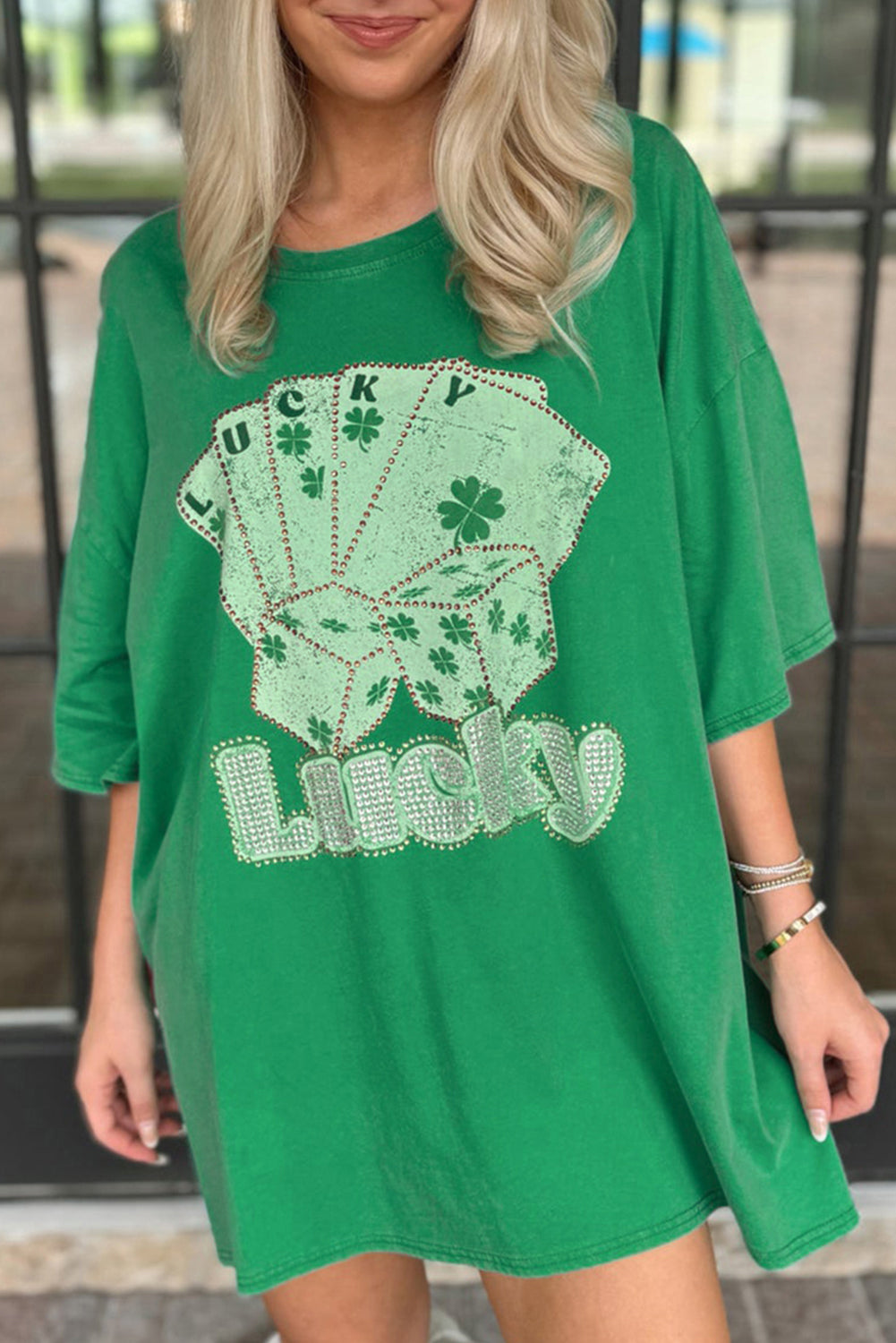 Bright Green Rhinestone Lucky Poker Cards Oversized T Shirt Mini Dress-TOPS / DRESSES-[Adult]-[Female]-Bright Green-S-2022 Online Blue Zone Planet