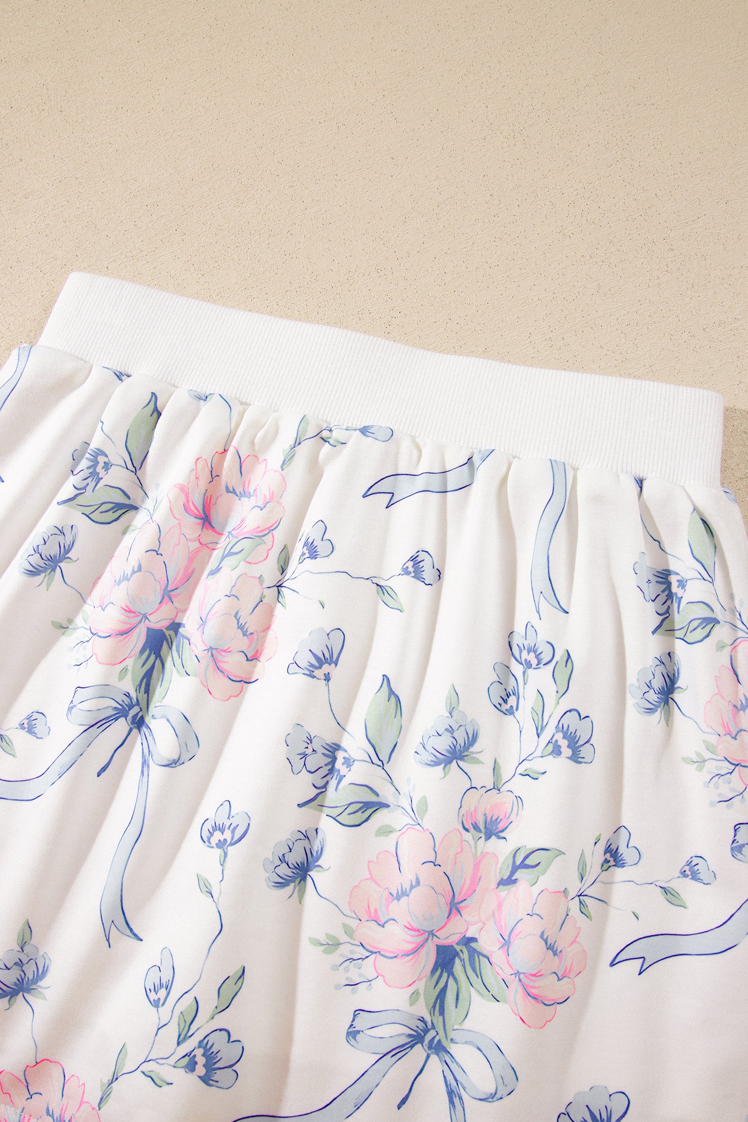 White Floral Print Long Sleeve Top Elastic Waist Skort Two Piece Dresses-TOPS / DRESSES-[Adult]-[Female]-2022 Online Blue Zone Planet