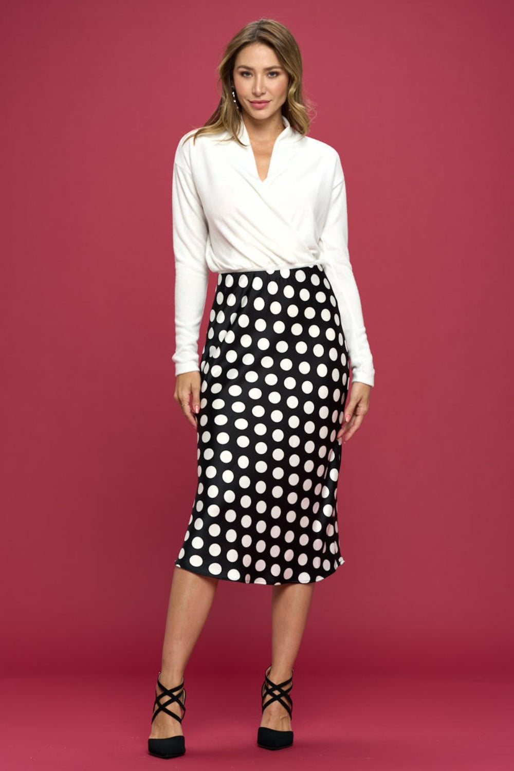 RENEE C Polka Dot Satin Midi Skirt-TOPS / DRESSES-[Adult]-[Female]-2022 Online Blue Zone Planet