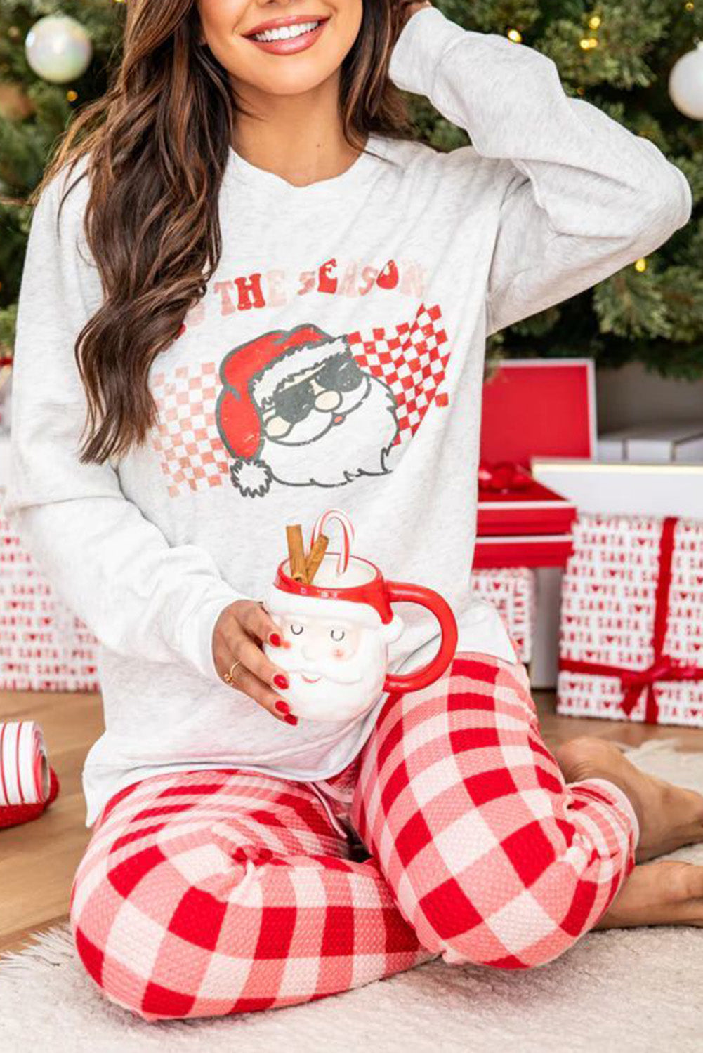 Multicolor Christmas Claus Graphic Top Plaid Pants Lounge Set-Loungewear & Sleepwear/Loungewear-[Adult]-[Female]-Multicolor-S-2022 Online Blue Zone Planet