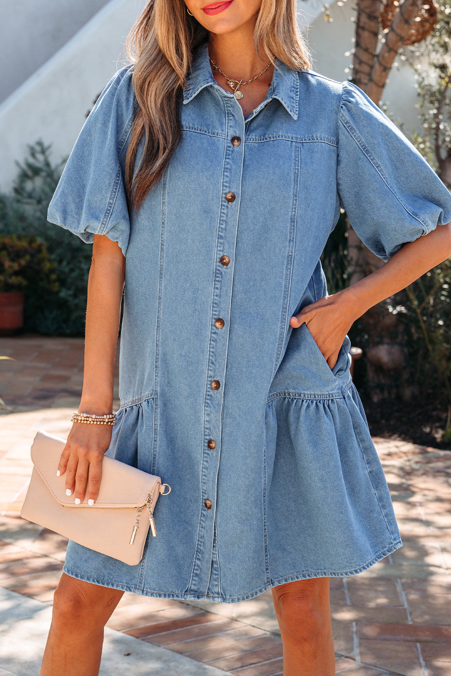 Beau Blue Button Down Short Puff Sleeve Ruffle Hem Patchwork Denim Dress-TOPS / DRESSES-[Adult]-[Female]-2022 Online Blue Zone Planet