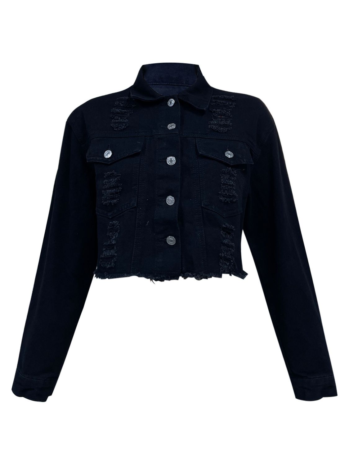 Distressed Collared Neck Long Sleeve Denim Top-TOPS / DRESSES-[Adult]-[Female]-2022 Online Blue Zone Planet