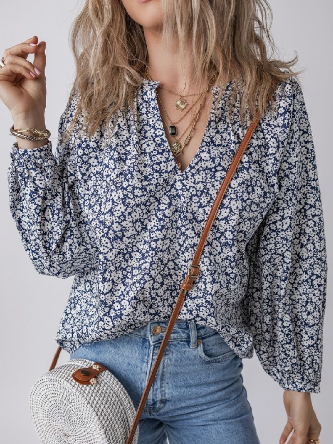 Floral Print Notched Long Sleeve Blouse-TOPS / DRESSES-[Adult]-[Female]-2022 Online Blue Zone Planet