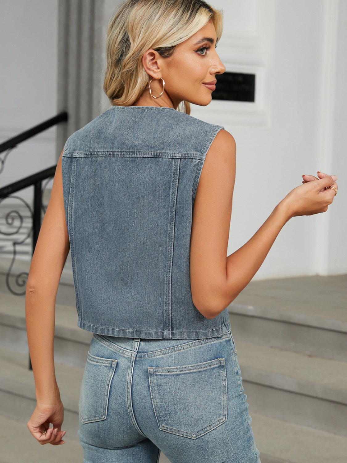 Blue Zone Planet | V-Neck Button Down Denim Vest-TOPS / DRESSES-[Adult]-[Female]-2022 Online Blue Zone Planet