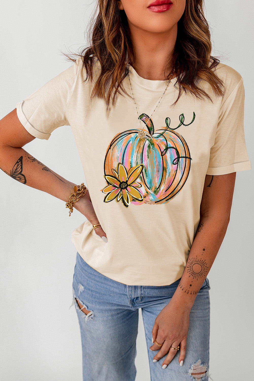 Khaki Pumpkin with Flower Graphic T Shirt-Graphic/Graphic Tees-[Adult]-[Female]-2022 Online Blue Zone Planet