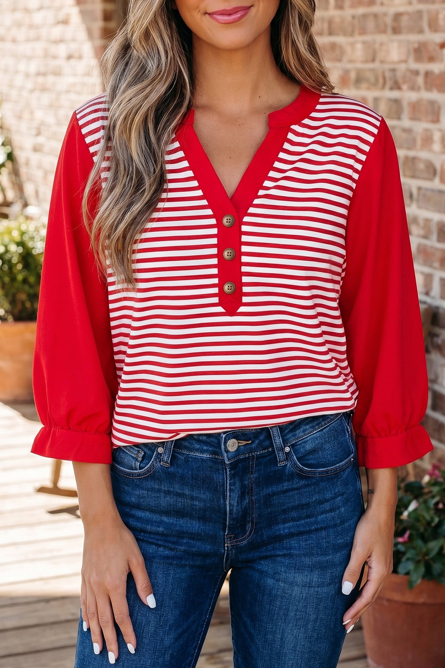 Red Stripe Half Placket V Neck Contrast 3/4 Sleeve Patchwork Top-Tops/Long Sleeve Tops-[Adult]-[Female]-2022 Online Blue Zone Planet