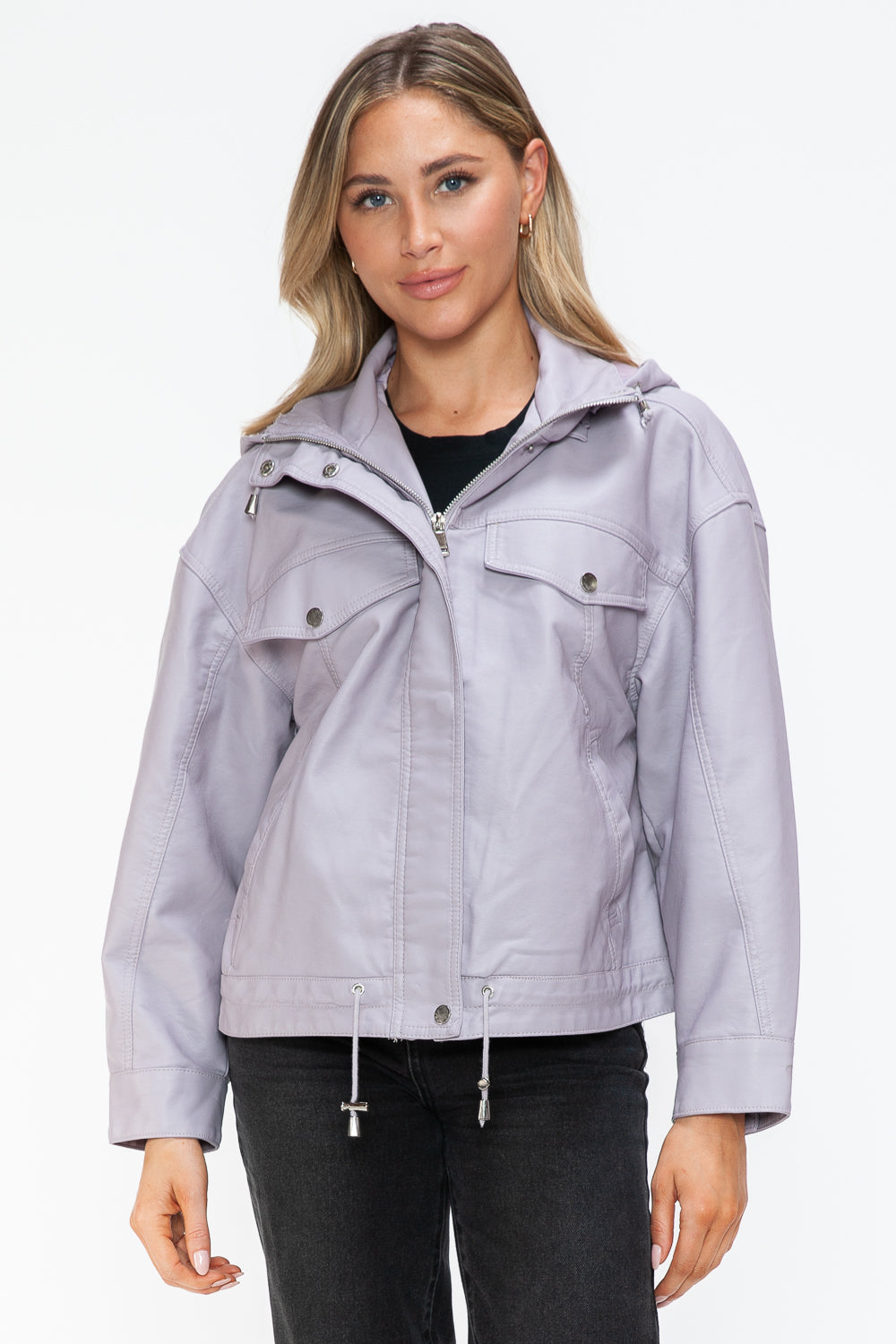 Blue Zone Planet | How Dare U Drawstring Hem PU Leather Zip Up Jacket-TOPS / DRESSES-[Adult]-[Female]-Lilac-S-2022 Online Blue Zone Planet