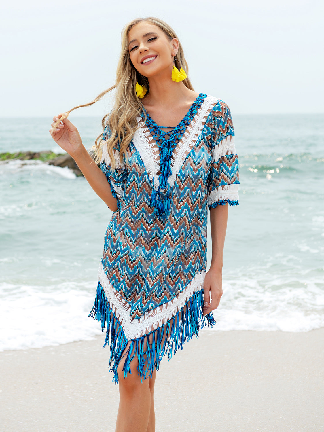 Fringe V-Neck Half Sleeve Cover-Up-TOPS / DRESSES-[Adult]-[Female]-2022 Online Blue Zone Planet