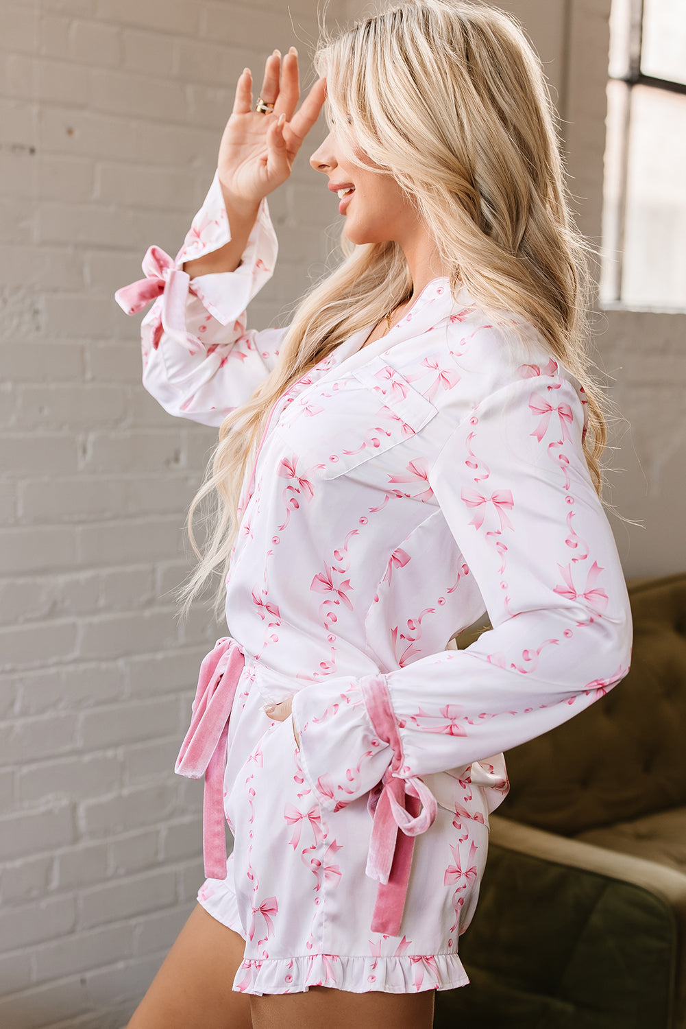 Blue Zone Planet | Pink Satin Bow Bell Sleeve Shirt and Ruffled Shorts Pajama Set-Loungewear & Sleepwear/Sleepwear-[Adult]-[Female]-2022 Online Blue Zone Planet
