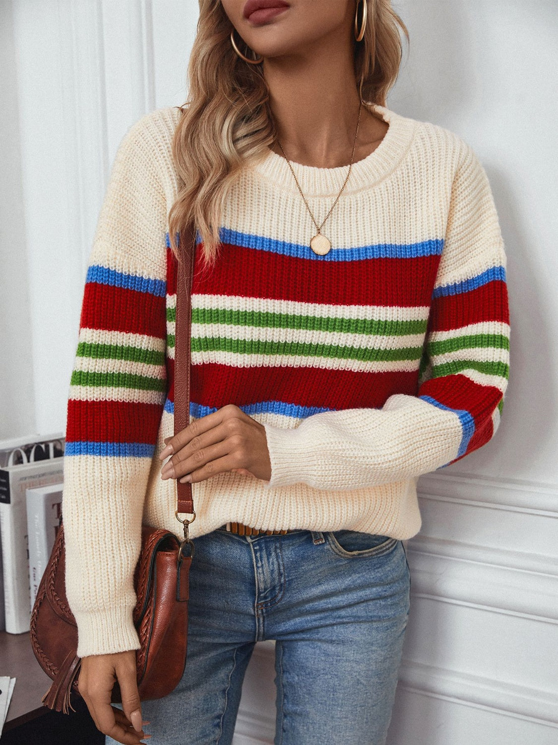 Contrast Stripes Round Neck Long Sleeve Sweater-TOPS / DRESSES-[Adult]-[Female]-2022 Online Blue Zone Planet