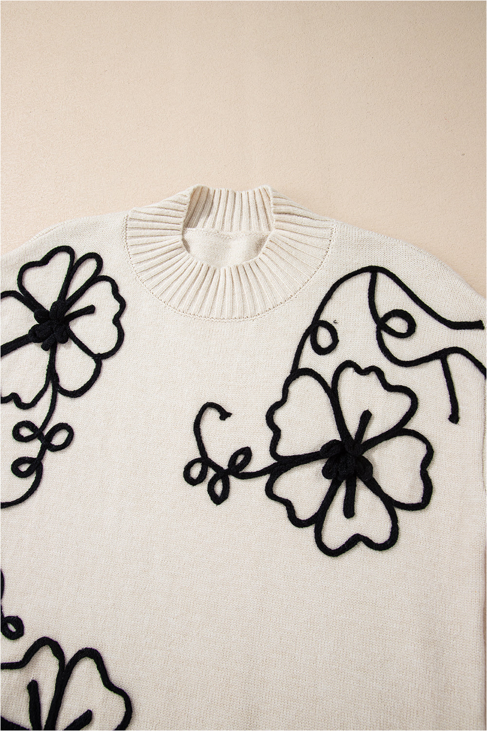 Beige Flower Stitching Mock Neck Sweater-TOPS / DRESSES-[Adult]-[Female]-2022 Online Blue Zone Planet