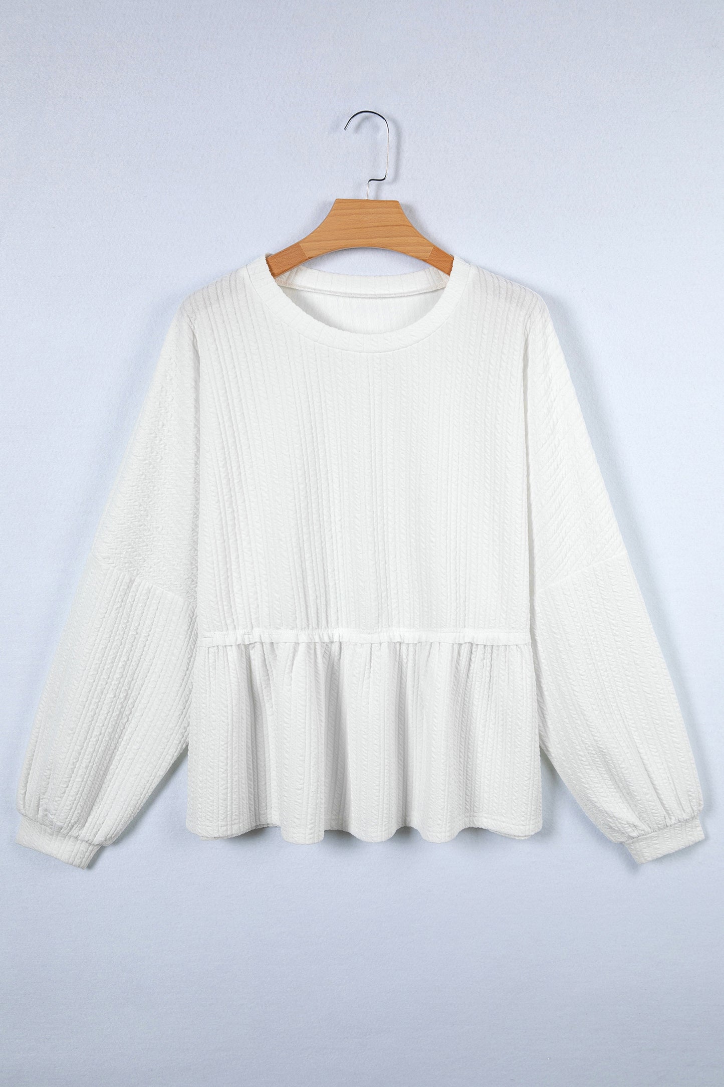 White Solid Color Textured Drop Shoulder Long Sleeve Peplum Top-Tops/Long Sleeve Tops-[Adult]-[Female]-2022 Online Blue Zone Planet