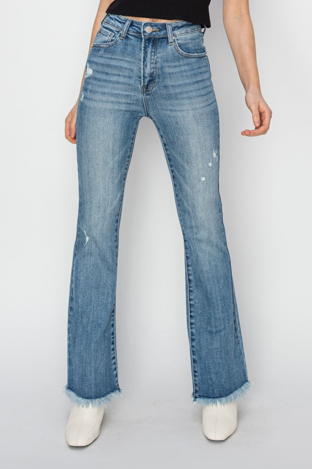 Blue Zone Planet | RISEN High Rise Frayed Hem Bootcut Jeans-BOTTOMS SIZES SMALL MEDIUM LARGE-[Adult]-[Female]-Medium-0-2022 Online Blue Zone Planet