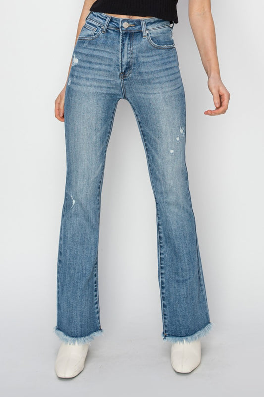 Blue Zone Planet | RISEN High Rise Frayed Hem Bootcut Jeans-BOTTOMS SIZES SMALL MEDIUM LARGE-[Adult]-[Female]-Medium-0-2022 Online Blue Zone Planet