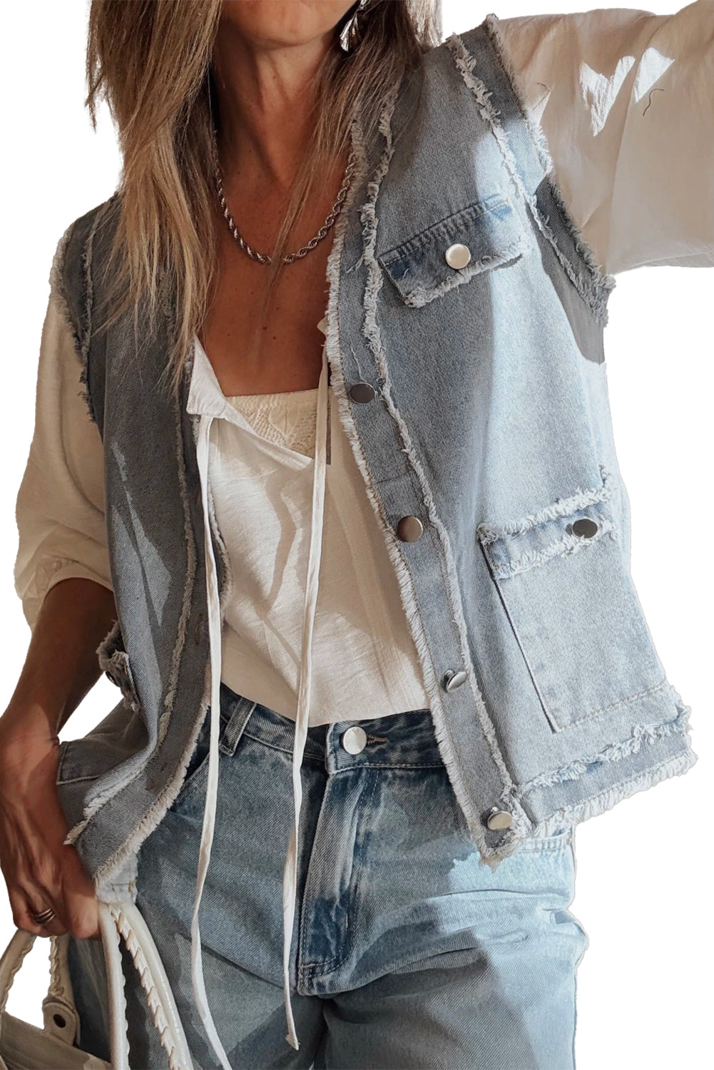 Beau Blue Frayed Edge Flap Pockets Denim Vest Jacket-Outerwear/Vests-[Adult]-[Female]-2022 Online Blue Zone Planet