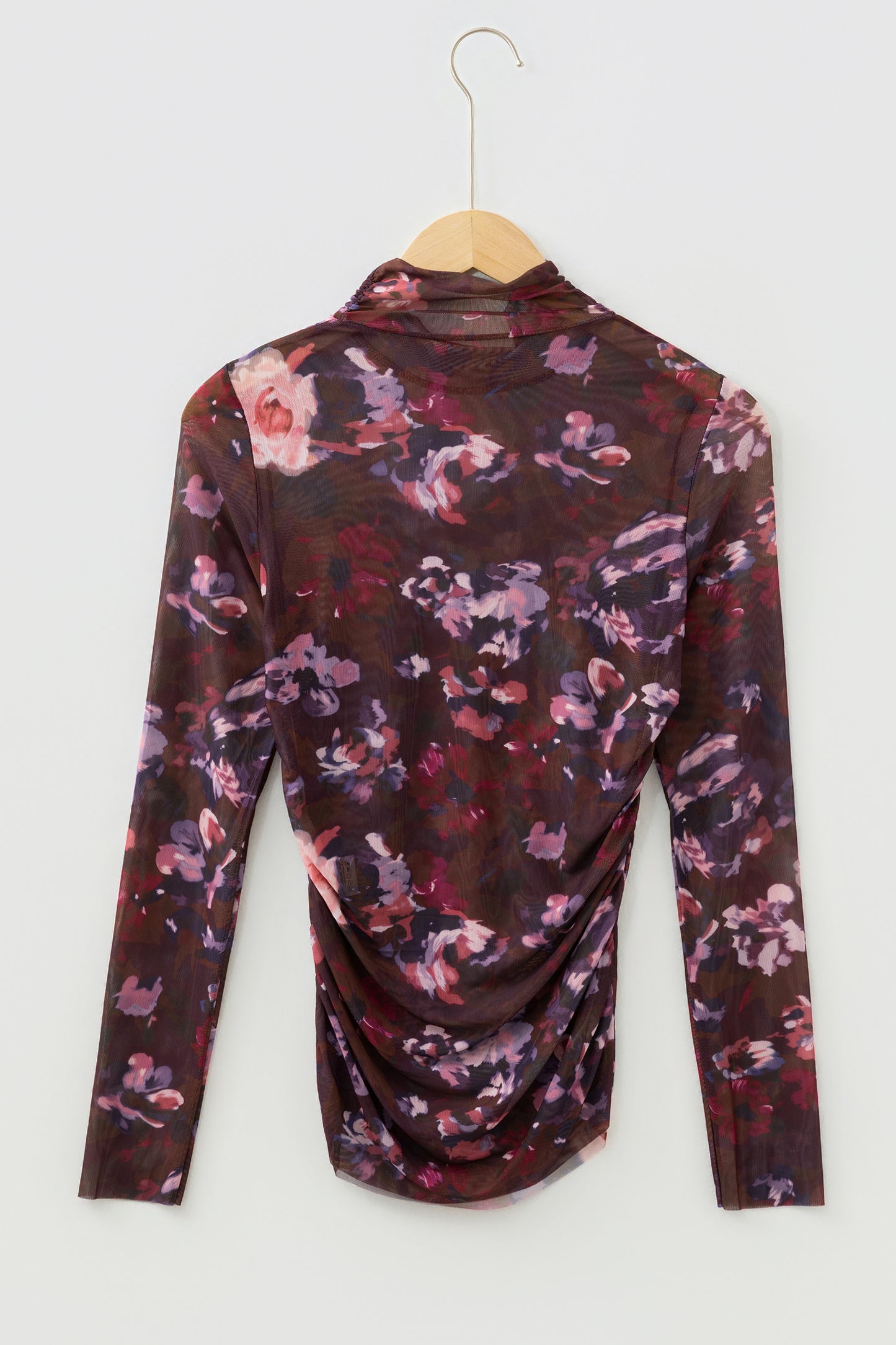 Brown High Neck Ruched Floral Mesh Top-Tops/Long Sleeve Tops-[Adult]-[Female]-2022 Online Blue Zone Planet