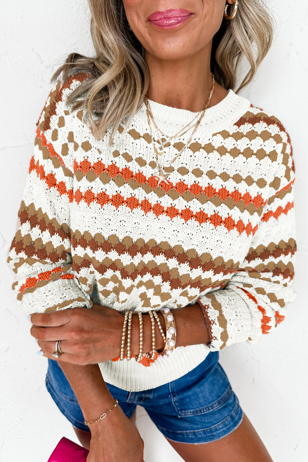 Brown Stripe Eyelet Patterned Drop Shoulder Sweater-Sweaters & Cardigans/Sweaters-[Adult]-[Female]-Brown Stripe-S-2022 Online Blue Zone Planet