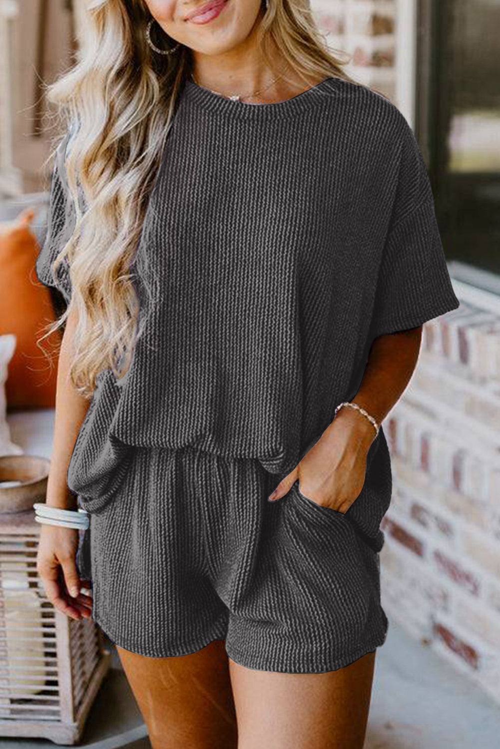 Carbon Grey Ribbed Textured Knit Loose Fit Tee and Shorts Set-Two Piece Sets/Short Sets-[Adult]-[Female]-2022 Online Blue Zone Planet