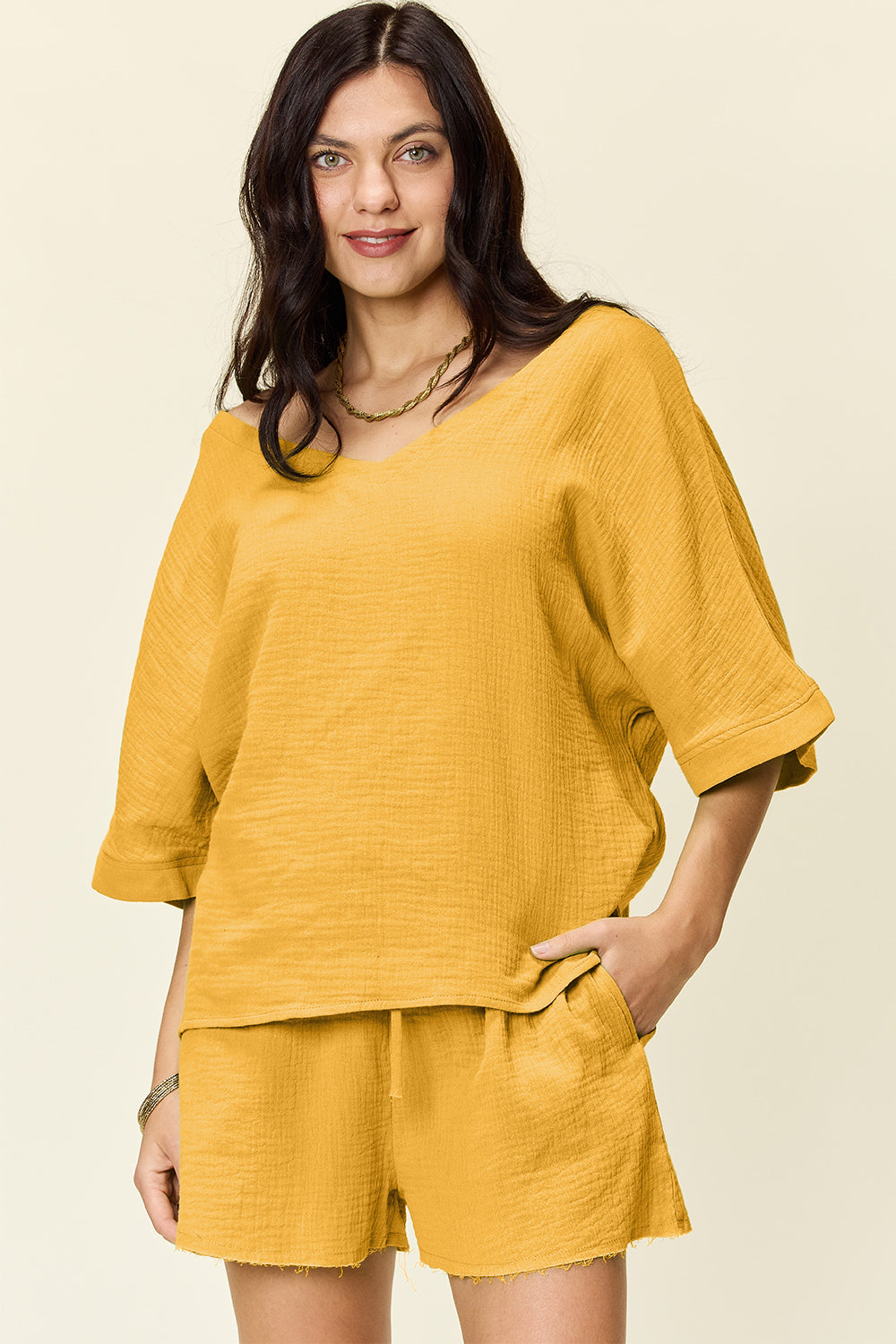 Blue Zone Planet | Double Take Texture Half Sleeve T-Shirt and Drawstring Shorts Set-TOPS / DRESSES-[Adult]-[Female]-Gold-S-2022 Online Blue Zone Planet