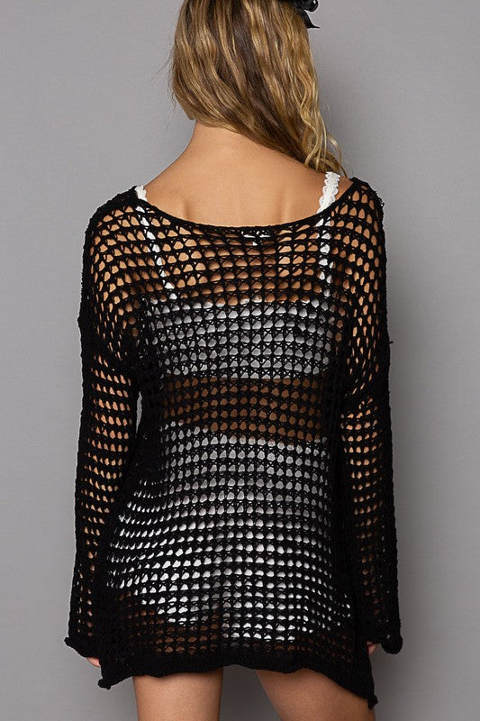 POL Side Slit Openwork Long Sleeve Knit Cover Up-TOPS / DRESSES-[Adult]-[Female]-2022 Online Blue Zone Planet