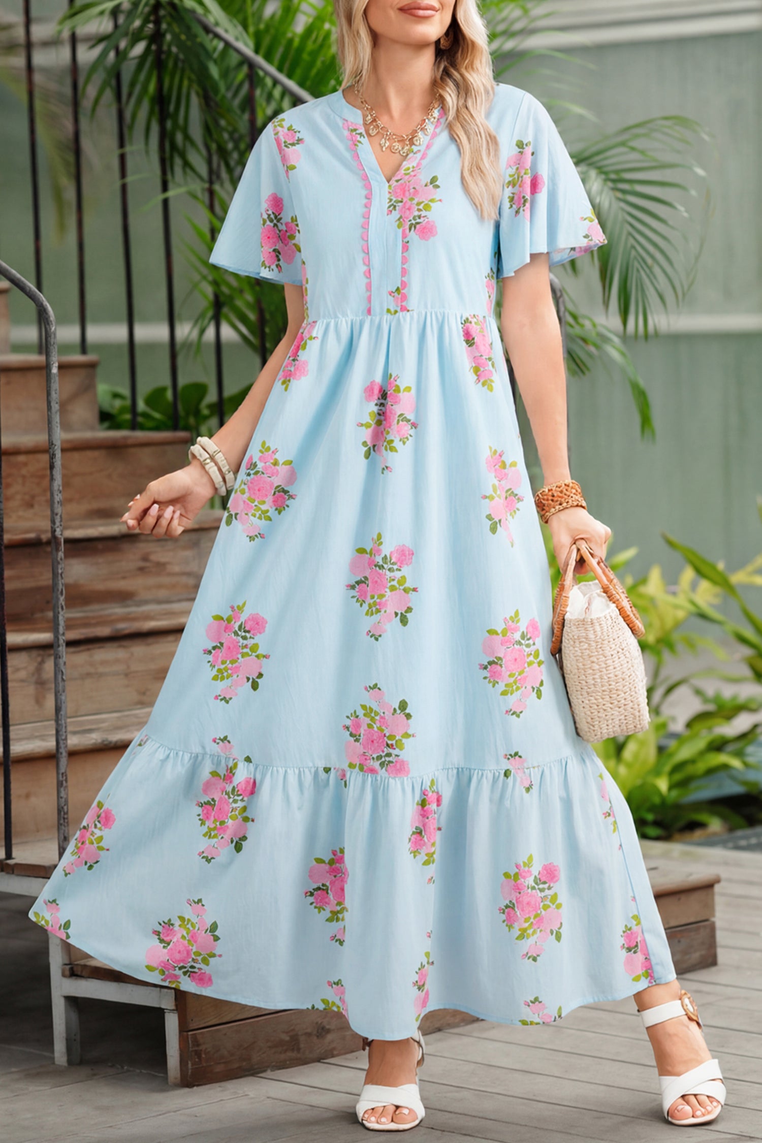 Sky Blue Notched Neck Flutter Short Sleeve Floral Print Maxi Dress-TOPS / DRESSES-[Adult]-[Female]-Sky Blue-S-2022 Online Blue Zone Planet