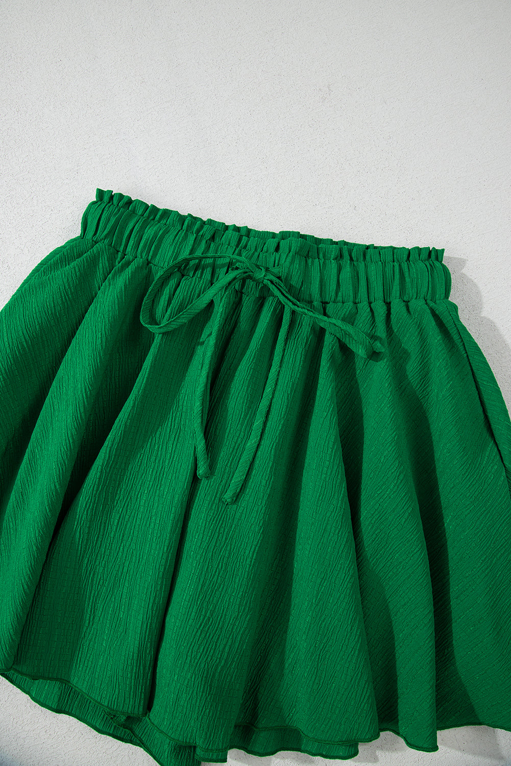 Dark Green Textured Frilled Lace-up High Waist Ruffle Wide Leg Shorts-Bottoms/Casual Shorts-[Adult]-[Female]-2022 Online Blue Zone Planet
