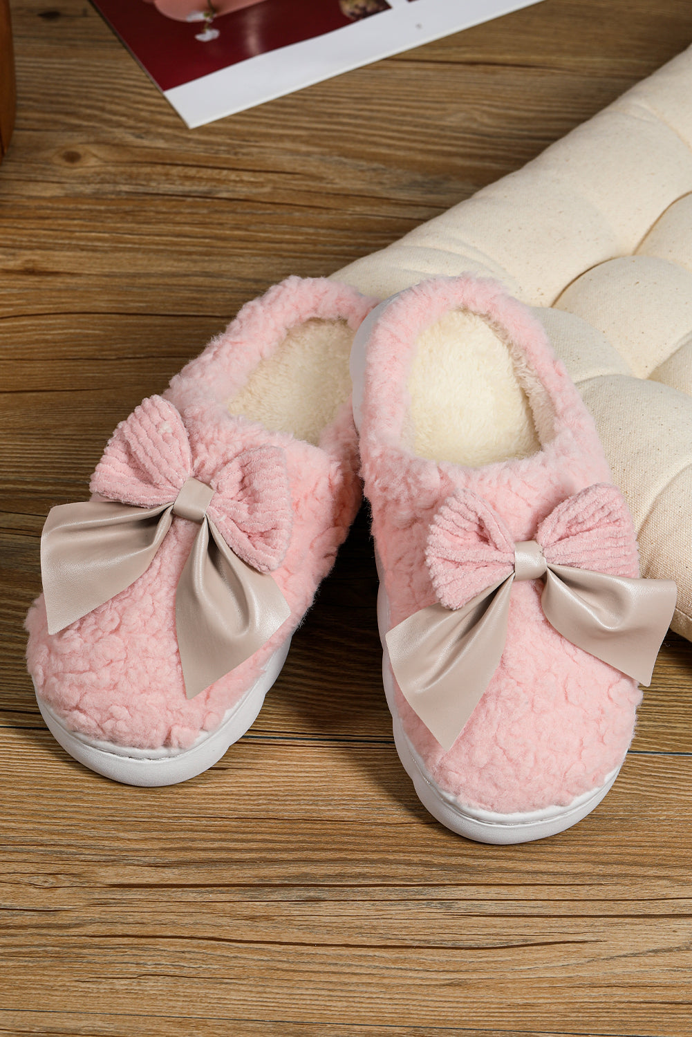 Blue Zone Planet | Pink Contrast Bowknot Applique Plush Winter Slippers-SHOES-[Adult]-[Female]-2022 Online Blue Zone Planet